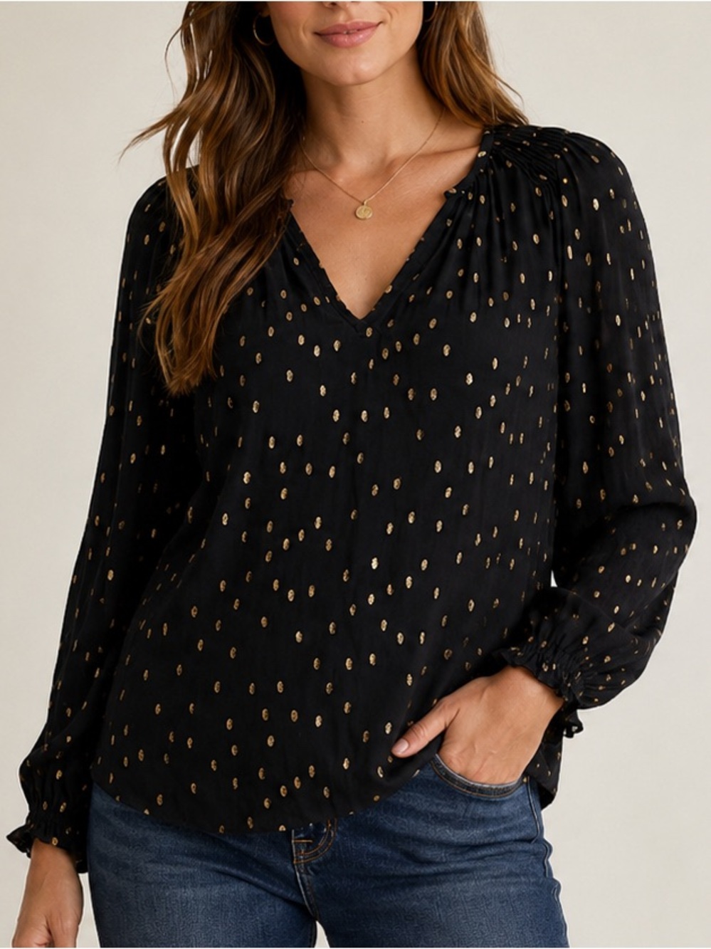 Velvet by Graham & Spencer Black Blouse with Gold Dot Print Size S